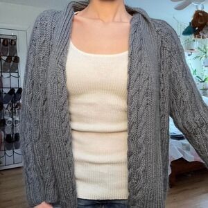 Grey Chunky Cable Knit Open Front Cardigan Sweater Oversized Shawl Collar